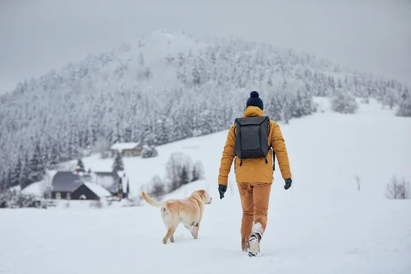 겨울에 키우는 젊은이의 사냥꾼 리트리버와 주인이 아름다운 속에서 마을을 있습니다 — 스톡 사진