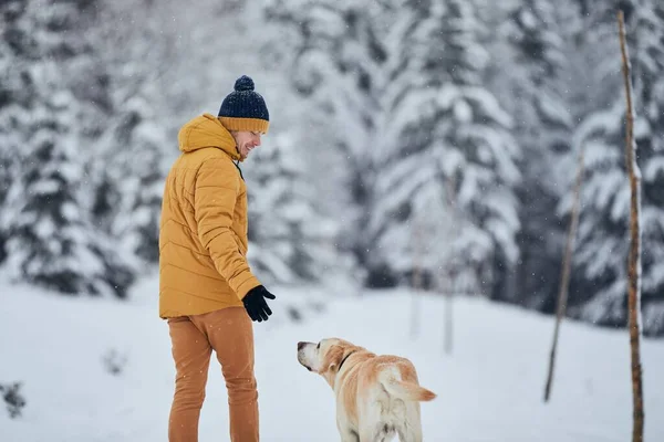Giovane Allegro Con Cane Inverno Proprietario Animali Domestici Con Suo — Foto Stock