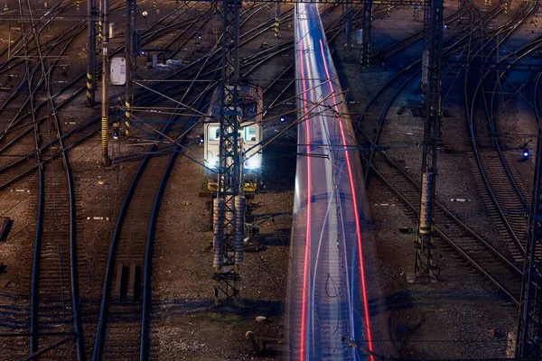Long Exposure Passenger Train Railroad Station Railway Traffic Nigh Prague — Stock Photo, Image