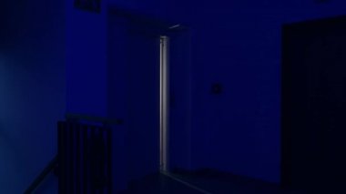 Boş asansör geliyor ve apartmanın olduğu gece karanlık koridora açılan ve kapanan kapılar var..