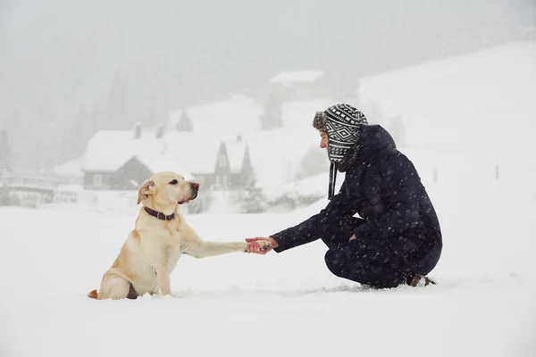 Homme avec chien en hiver — Photo