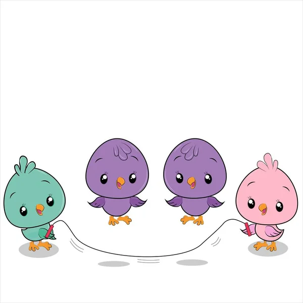 Farklı renklerde şirin karikatür kuşları halatın üzerinden atlıyor.