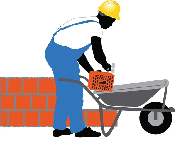 Trabajador de la construcción pone un ladrillo — Vector de stock