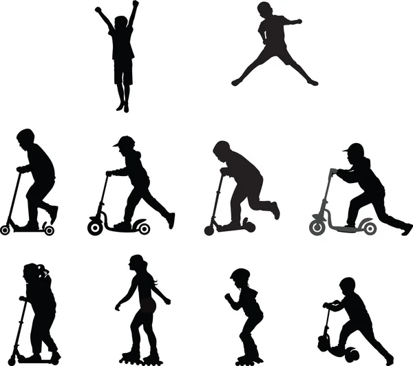 Niños en patinetes y scooters — Vector de stock