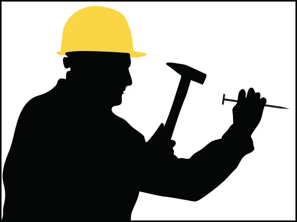 Master uses a hammer to hit a nail — Stock Vector