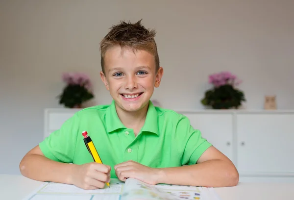 Glücklicher Junge beim Hausaufgabenmachen — Stockfoto