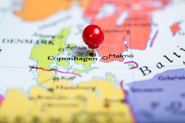 Red push pin on map of Denmark — Stock Photo, Image