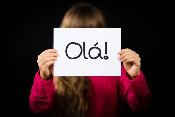 Cartel de niño con palabra portuguesa Ola - Hola — Foto de Stock