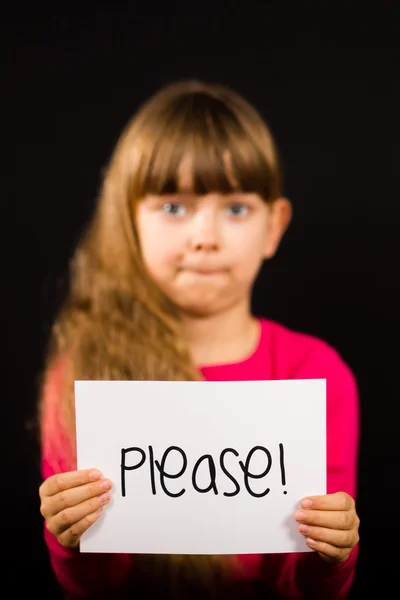 Child holding Please sign — Stock Photo, Image