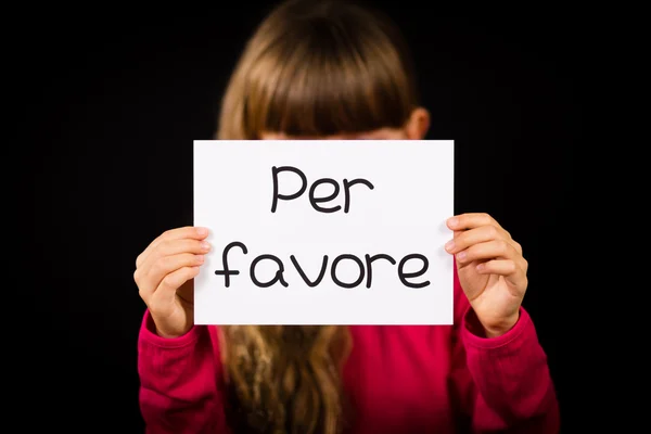 Child holding sign with Italian word Per Favore - Please — Stock Photo, Image