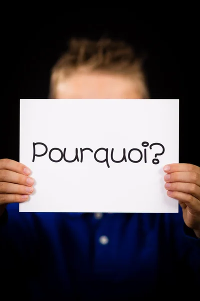 Dítě hospodářství znamení s francouzské slovo Pourquoi - proč — Stock fotografie