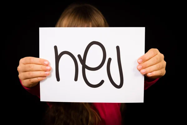 Дитина тримає знак з данське слово гей - Привіт — стокове фото