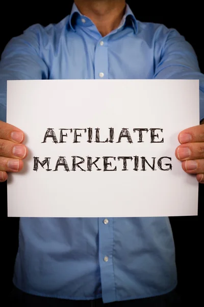 Człowiek z Affiliate marketing znak — Zdjęcie stockowe