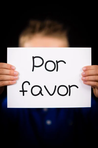 Child holding sign with Spanish words Por Favor - Please — Stock Photo, Image