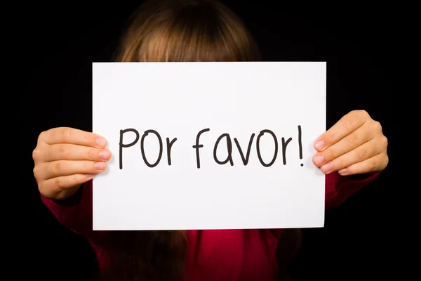 Child holding sign with Spanish words Por Favor - Please — Stock Photo, Image