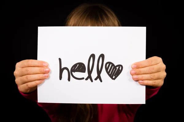 Child holding Hello sign — Stock Photo, Image