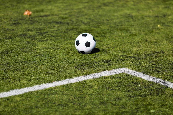 Зеленое поле с футбольным мячом — стоковое фото