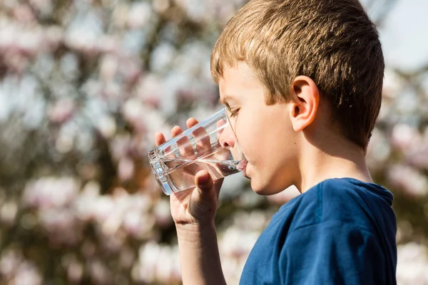 Pojke dricka rent vatten ur glas — Stockfoto