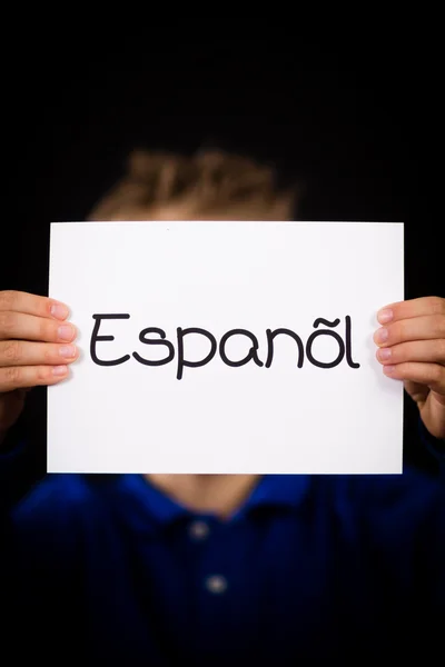 Cartel de niño con la palabra española Español - Español en inglés — Foto de Stock