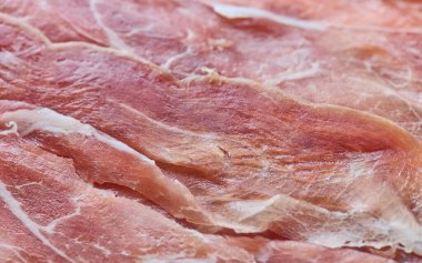 Çiğ, tembel İtalyan jambonu Prosciutto yakın plan, sığ alan derinliği