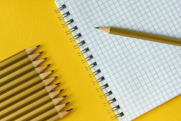 Koncepcja Edukacji Proste Ołówki Notatnik Klatce Zbliżenie Żółte Tło Widok — Zdjęcie stockowe