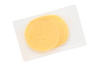 Plastik ambalajlı peynirin yuvarlak kesimi, üst görünüm, kapat