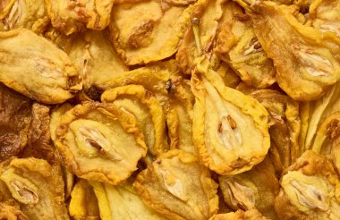 Kurumuş dilimlenmiş armut arka plan, yakın plan, makro