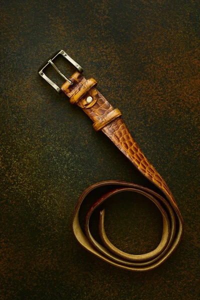 Old Worn Leather Belt Crocodile Embossing Dark Background Retro — Foto Stock