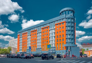 Moscow, Russia - May 26, 2021: Modern multi-story colorful administrative building built in 2018, currently housing the Meshchansky and Tverskoy District Courts