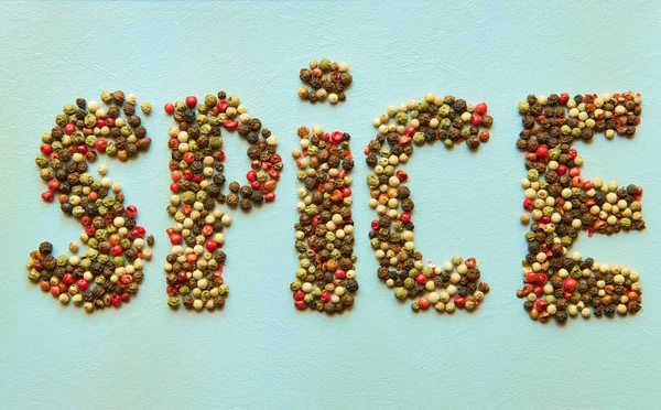 Spice Inscription Multicolored Peppers Close — Stock Photo, Image