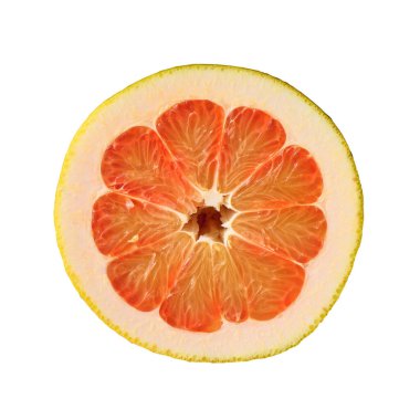 Beyaz arka planda yarım kırmızı pamelo izole edilmiş.