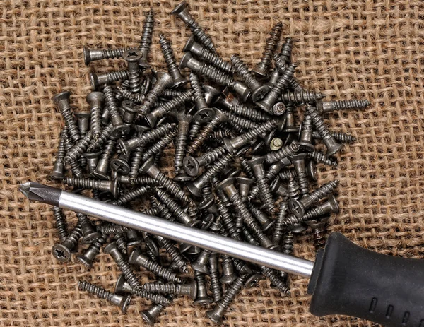 Pile of screws and screwdriver on sackcloth — Stock Photo, Image