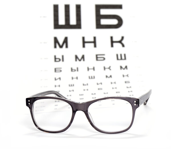 Glasses and test chart for the eye