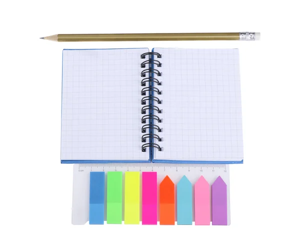 Plastic stickers, notepad and pencil on a white background — Stock Photo, Image