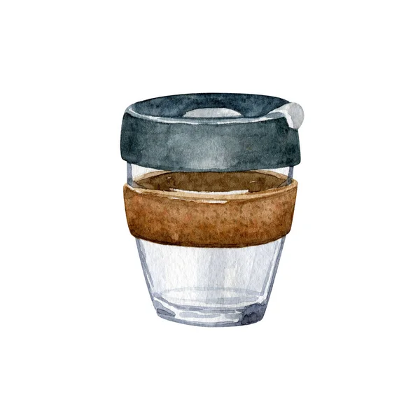可重复使用的咖啡杯 白色背景隔离 废物说明为零 水彩画的手绘部分 生态友好美学 — 图库照片
