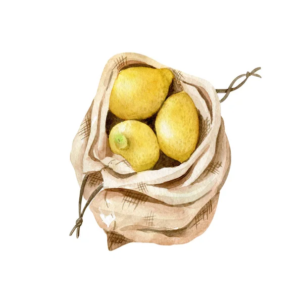 Limones Frescos Bolsas Algodón Ecológico Reutilizables Clipart Acuarela Aislado Sobre — Foto de Stock