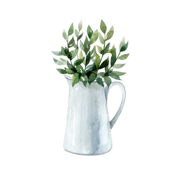 Plant Ceramic Vase Watercolor Hand Drawn Clipart Isolated White Background — Stock Photo, Image