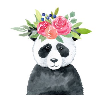 Çiçek çelenkli panda - beyaz arka planda izole edilmiş suluboya çizimi. Sevimli bebek panda karakteri, ön manzara. Siyah beyaz çocuk portresi. Tişört, giysi, poster baskısı.