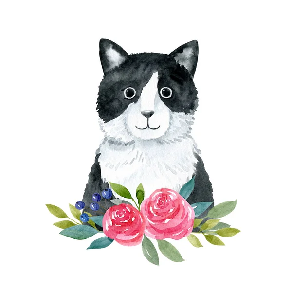 Kot Kwiatów Akwarela Ilustracja Izolowana Białym Tle Ręcznie Rysowany Kociak — Zdjęcie stockowe