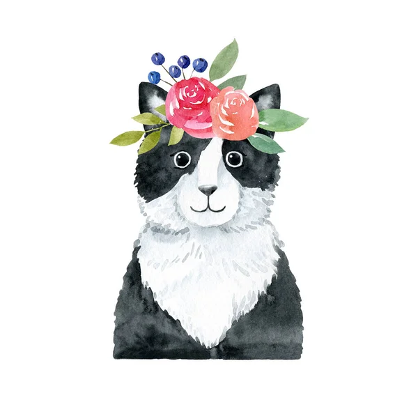 花の花輪と猫 白い背景に隔離された水彩画のイラスト 手描き子猫文字 フロントビュー バラとモノクロームの肖像画 Tシャツ アパレル ポスター 服のプリント — ストック写真