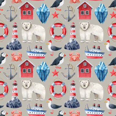Kuzey deniz hayvanları ve bej arka planda izole edilmiş elementlerle suluboya desenli. Kumaş dokusu, ambalaj kağıdı, duvar kağıdı.
