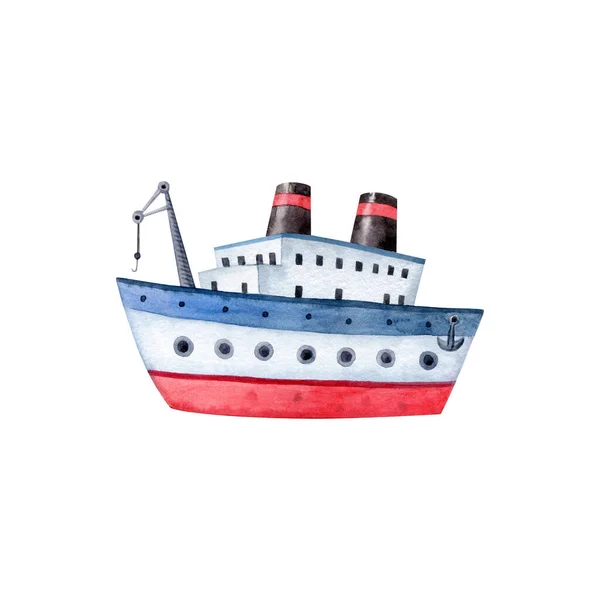 船用水彩画在白色背景上孤立 手绘悬崖峭壁 卡通渔船 婴儿淋浴 印刷品说明 — 图库照片