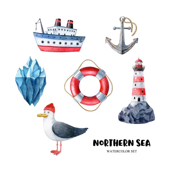 Northern Sea Watercolor Set Marine Elements Ship Seagull Rusty Anchor — Stock Photo, Image