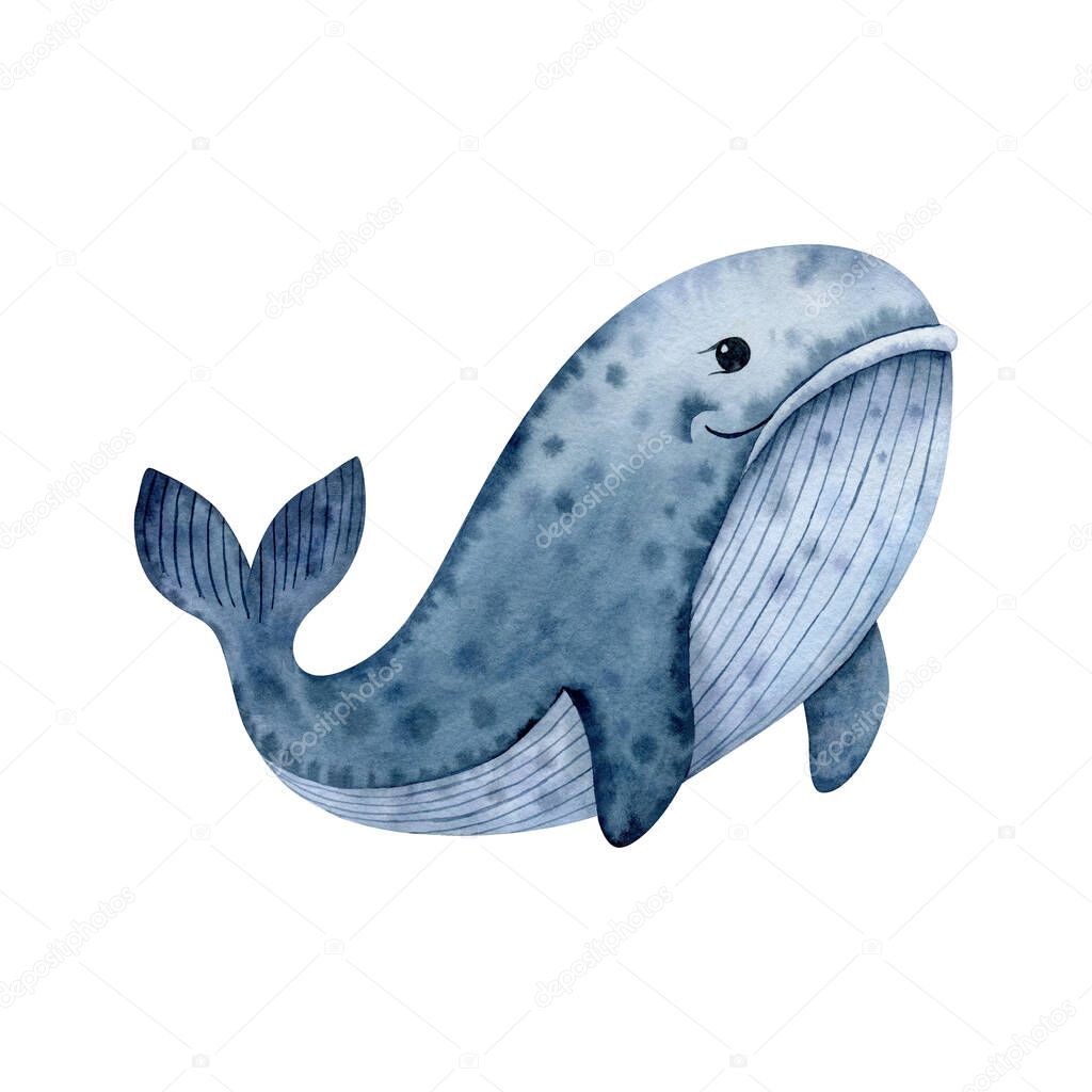 Cute whale-watercolor illustration isolated on white background. Cartoon stylized animal character, hand drawn clipart. Illustration for clothes, stickers, baby shower, greeting cards, prints.