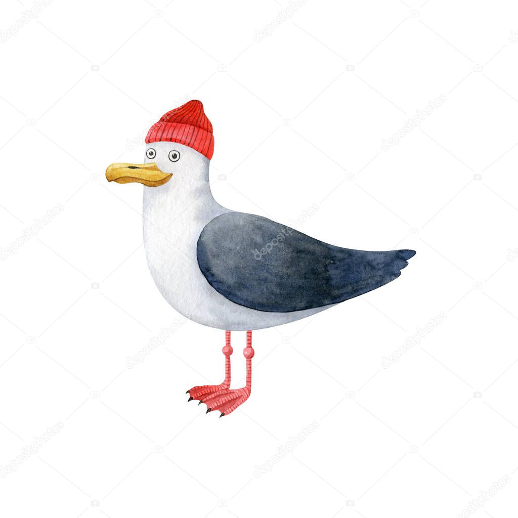 Cute seagull in red hat-watercolor illustration isolated on white backdrop. Cartoon stylized animal character, handmade clipart. Illustration for clothes, stickers, baby shower, greeting card, prints.