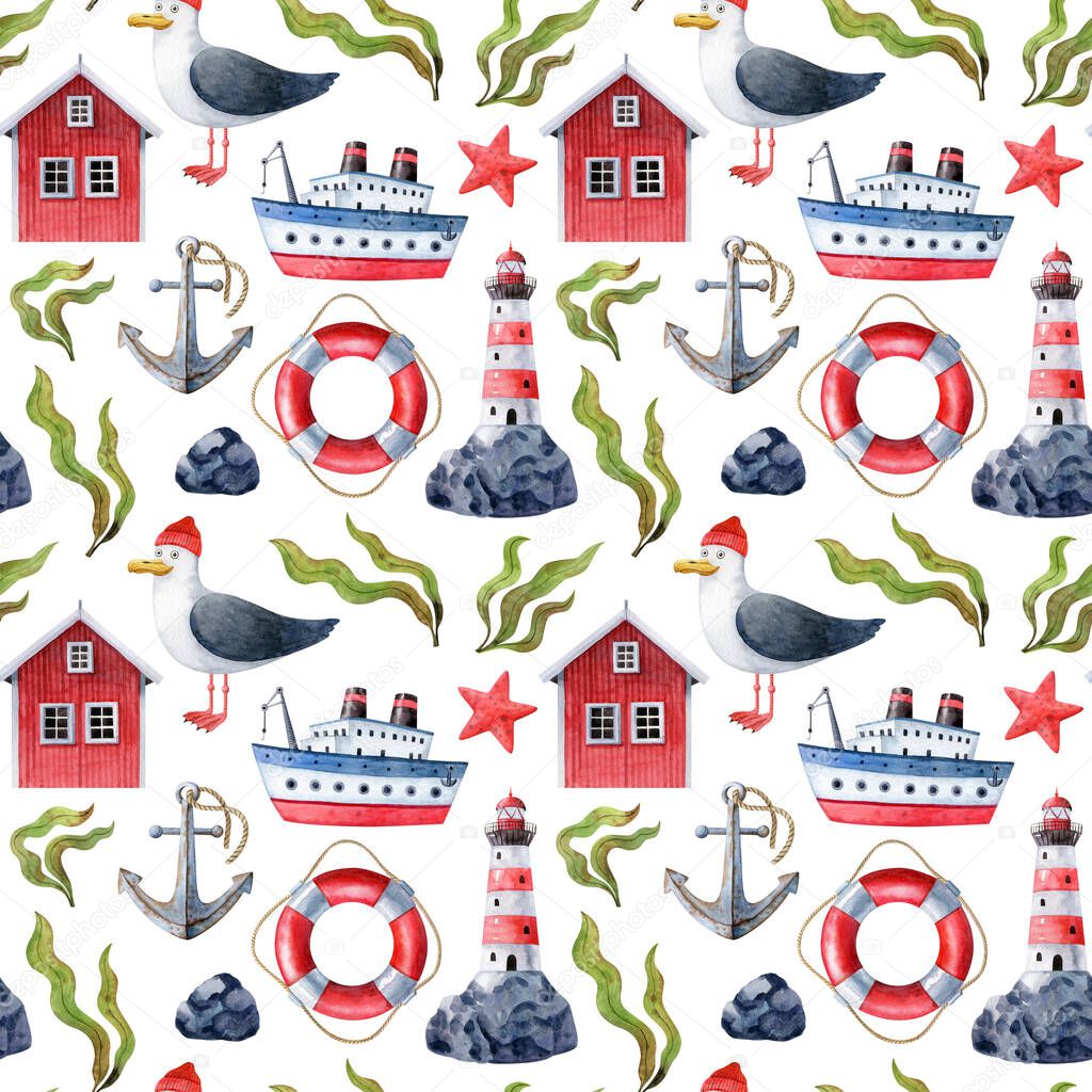 Watercolor seamless pattern with northern sea animals and elements isolated on white background. Texture for fabrics, wrapping paper, wallpapers, scrapbooking.