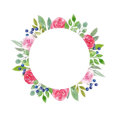 Beyaz arka planda pembe güller ve yeşillik olan suluboya çerçeve. El çizimi illüstrasyon, çiçek çelengi. Tebrik kartları ve düğün davetiyeleri için tırman.