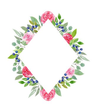 Beyaz arka planda pembe güller ve yeşillik olan suluboya eşkenar dörtgen. El çizimi illüstrasyon, çiçek çelengi. Tebrik kartları ve düğün davetiyeleri için tırman.