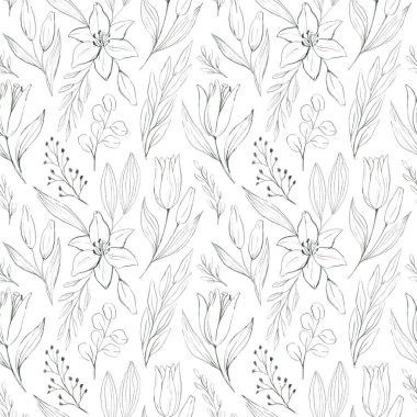 Zambaklar, yapraklar, dallar ve kalem darbeleriyle desensiz çiçek deseni. Beyaz arka planda el çizimi illüstrasyon. Kumaş dokusu, ambalaj kağıdı, hatıra defteri.