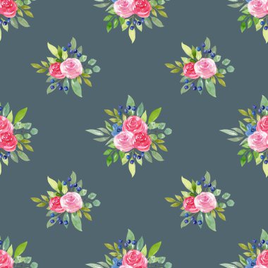 Çiçeksiz suluboya desenli pembe güller, mavi çiçekler, koyu arkaplanda izole edilmiş böğürtlenler. El çizimi illüstrasyon.